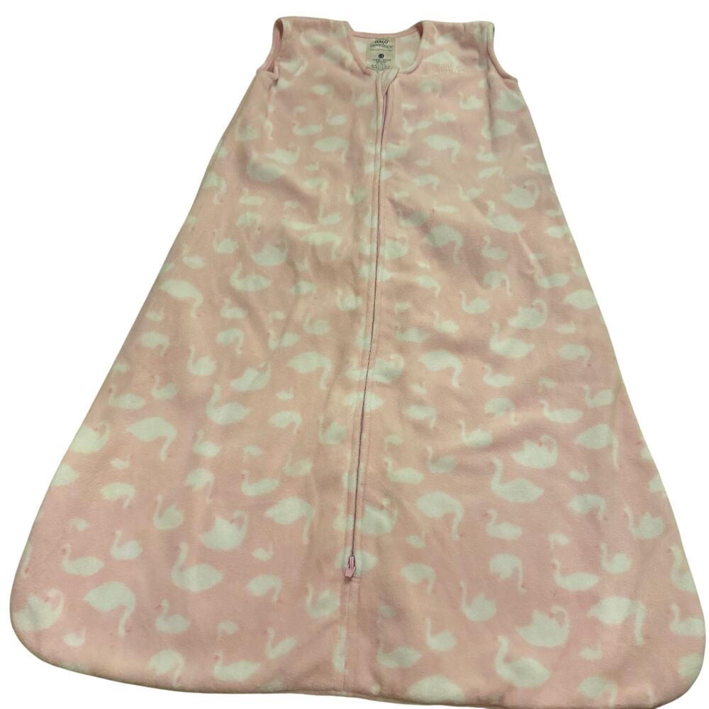 Halo sleep sack baby girl sz L 12-18 mo 22-28 lbs pink w swans 2 way zip soft